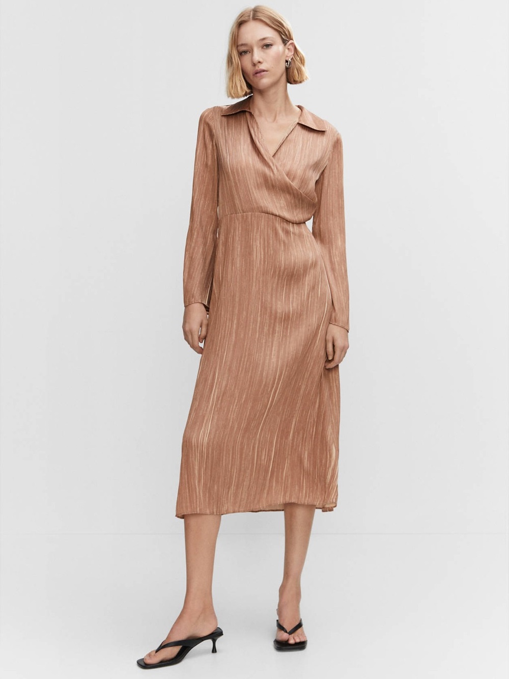 NWT Mango MNG Brown Satin Shirt Wrap Midi Dress 10 Flowy Flared Sleeve Party